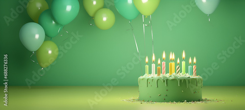 Delicious Green birthday cake with candles on a green background with balloons and space for text photo