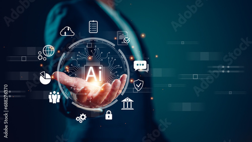 Technology and people concept man use AI to help work, AI Learning and Artificial Intelligence Concept. Business, modern technology, internet and networking concept. AI technology in everyday life.
