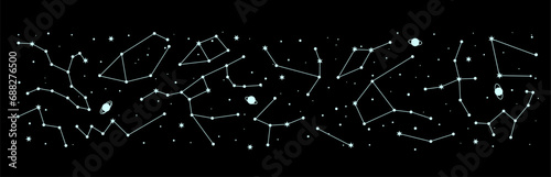 Space star constellation. Galaxy night sky map border, mystic astrology border. Milky Way star constellation print, galaxy stars celestial panorama or esoteric zodiac night sky map vector border photo
