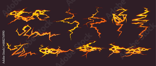 Cartoon volcano lava or magma fire with ground cracks, vector game effect background. Fiery flaming red yellow volcano magma burn or volcanic eruption hole with cracks in ground of molten stone rocks