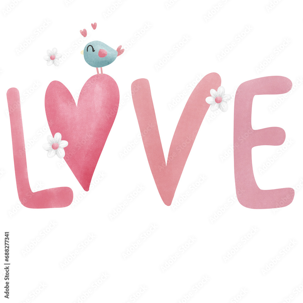 Hand drawn cute colorful cartoon love fonts and heart shape illustration.