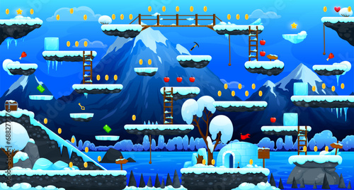 Arcade winter mountains game level map interface. Ice platforms and golden coins, stairs and food. Mobile game environment vector landscape, retro gaming arcade scenery with snowy platforms in arctic