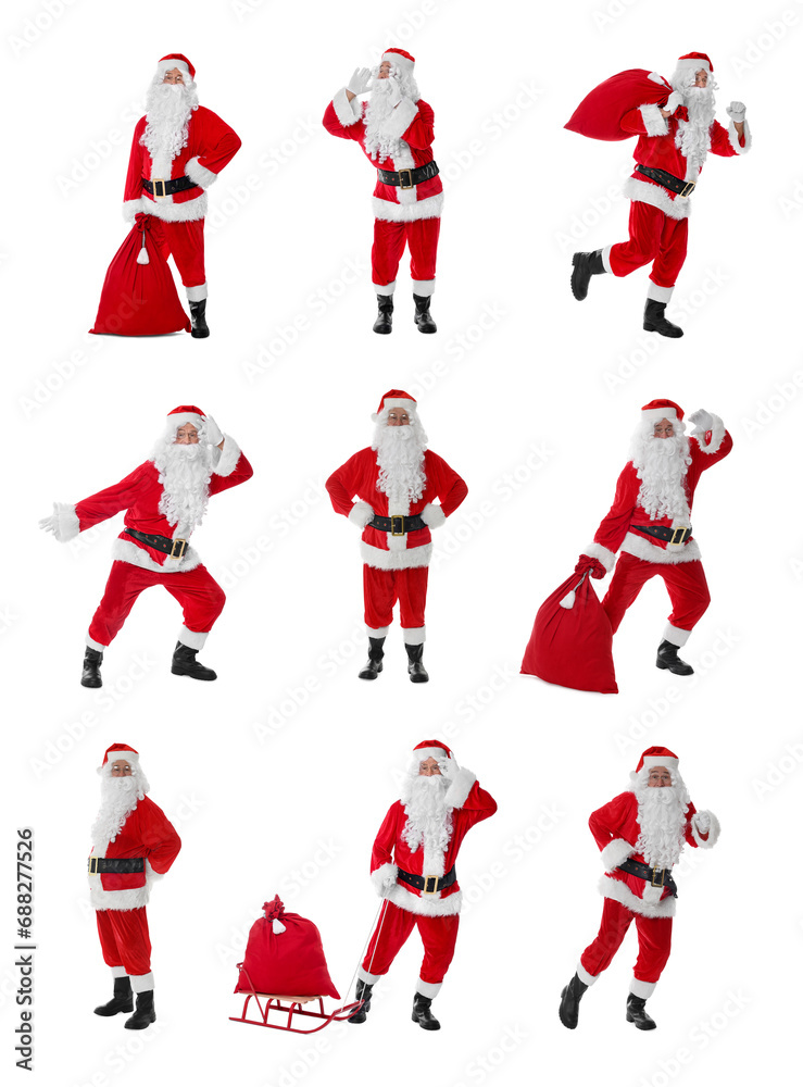 Santa Claus on white background, set of photos. Christmas celebration Santa Claus on white background, set of photos. Christmas celebration