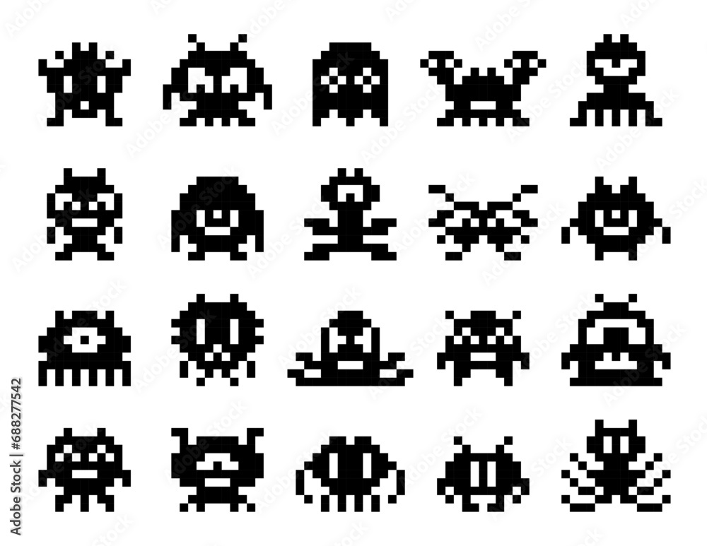 Arcade game pixel monsters characters. 8 bit retro pixel art game asset ...