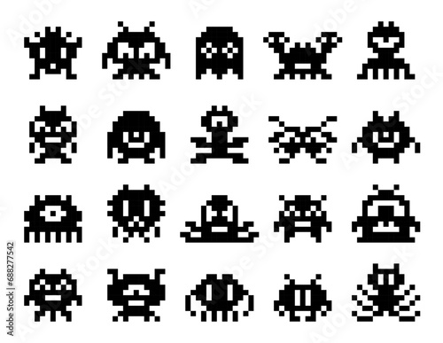 Arcade game pixel monsters characters. 8 bit retro pixel art game asset. PC game alien, 8bit arcade square pixel creature or retro gaming electronic robot vector icon, old videogame cubic monsters set