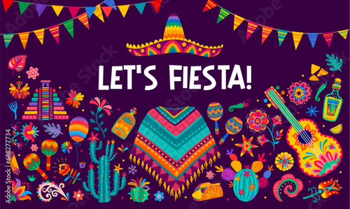 Mexican fiesta party banner with sombrero, guitar and poncho in tropical flowers ornament, vector background. Mexican holiday fiesta quote with colorful pattern of Aztec pyramid, tequila and peppers