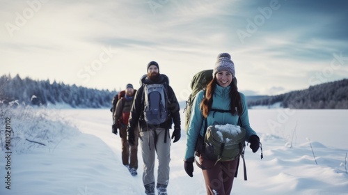 Friends traveling to winter mountains