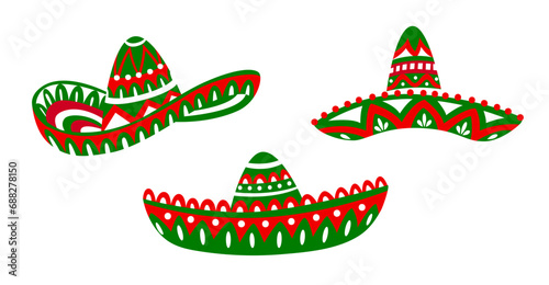 Mexican sombrero hats with Latin ethnic ornament for holiday fiesta, vector icons. Mexican culture, tradition and art symbols of sombrero hats for Latin fiesta party carnival or holiday festival