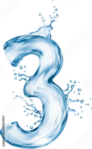 Liquid water number three with splash bubbles, transparent type font, aqua typeface, wet english digit. Isolated realistic vector fluid, captivating 3 sign mimics the beauty and depth of flowing water