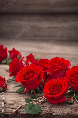 Deep red roses on a dark wooden background.