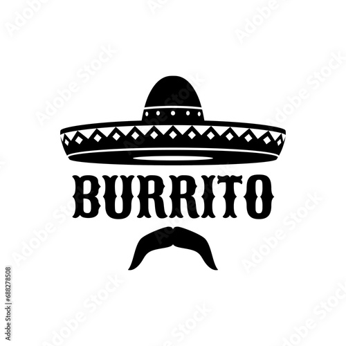 Mexican sombrero and burrito, Tex Mex cuisine and Mexico food bar or restaurant vector icon. Sombrero and mustache grunge silhouette with ethnic ornament for Mexican burrito fast food menu