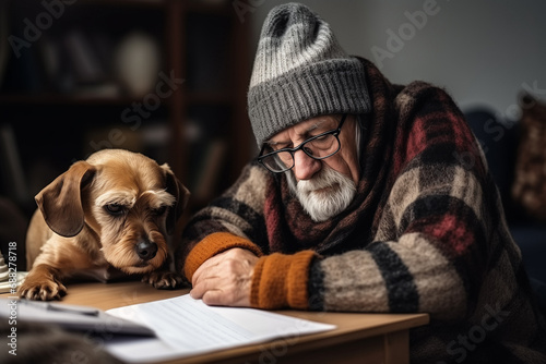 Elderly man in hat and warm clothes looking at high heating bills. Energy crisis. Low pensions and poverty photo