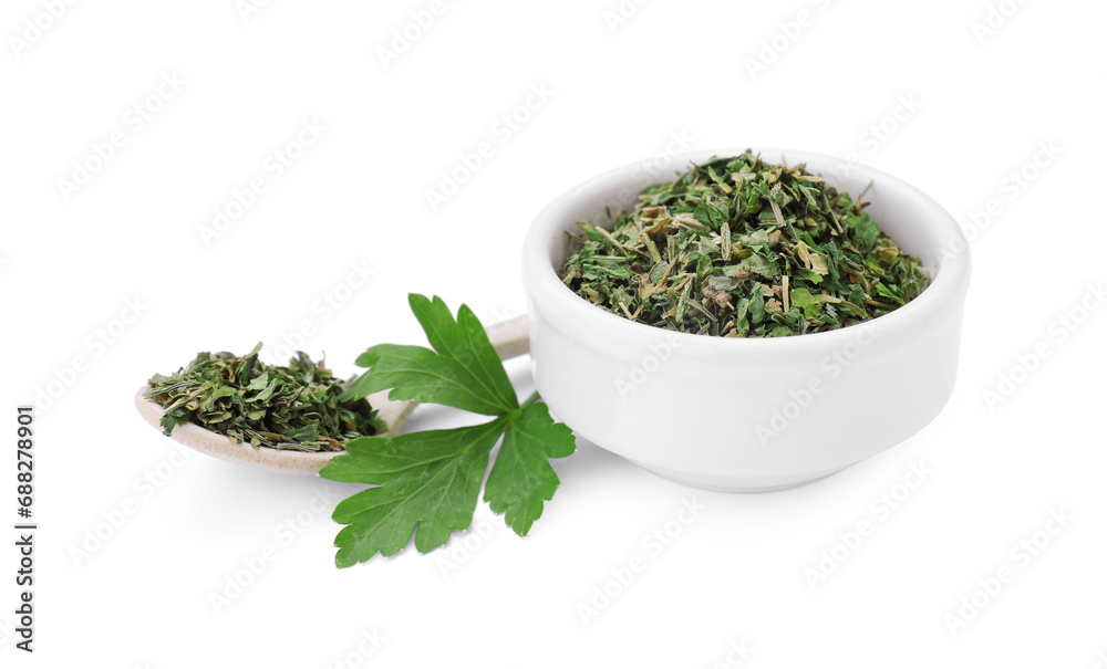 Dried aromatic parsley and fresh leaf isolated on white Dried aromatic parsley and fresh leaf isolated on white