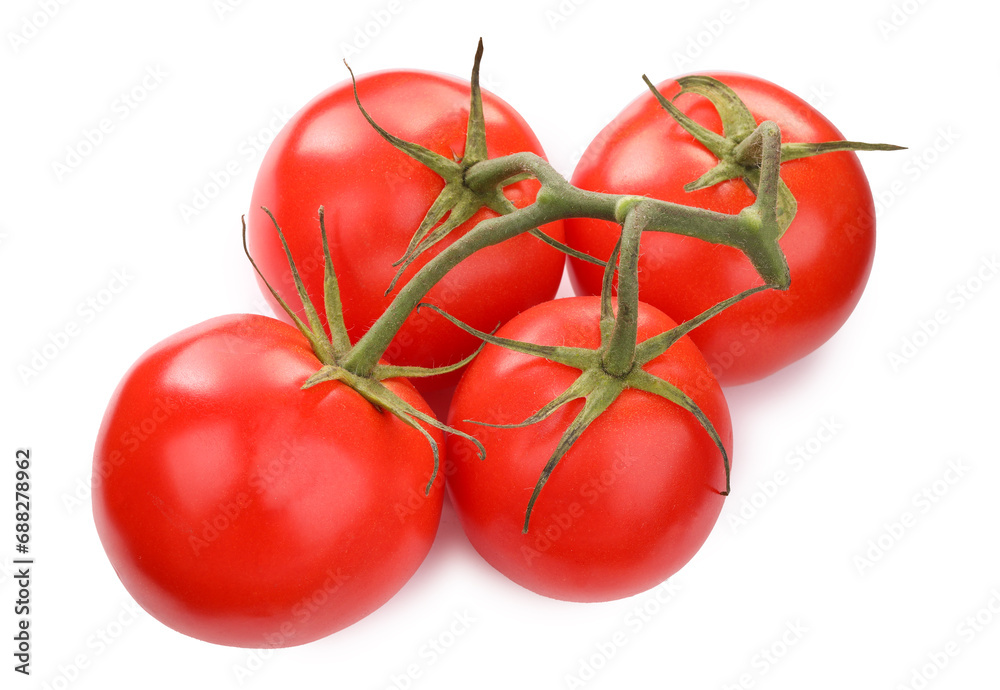 Branch of red ripe tomatoes isolated on white, top view