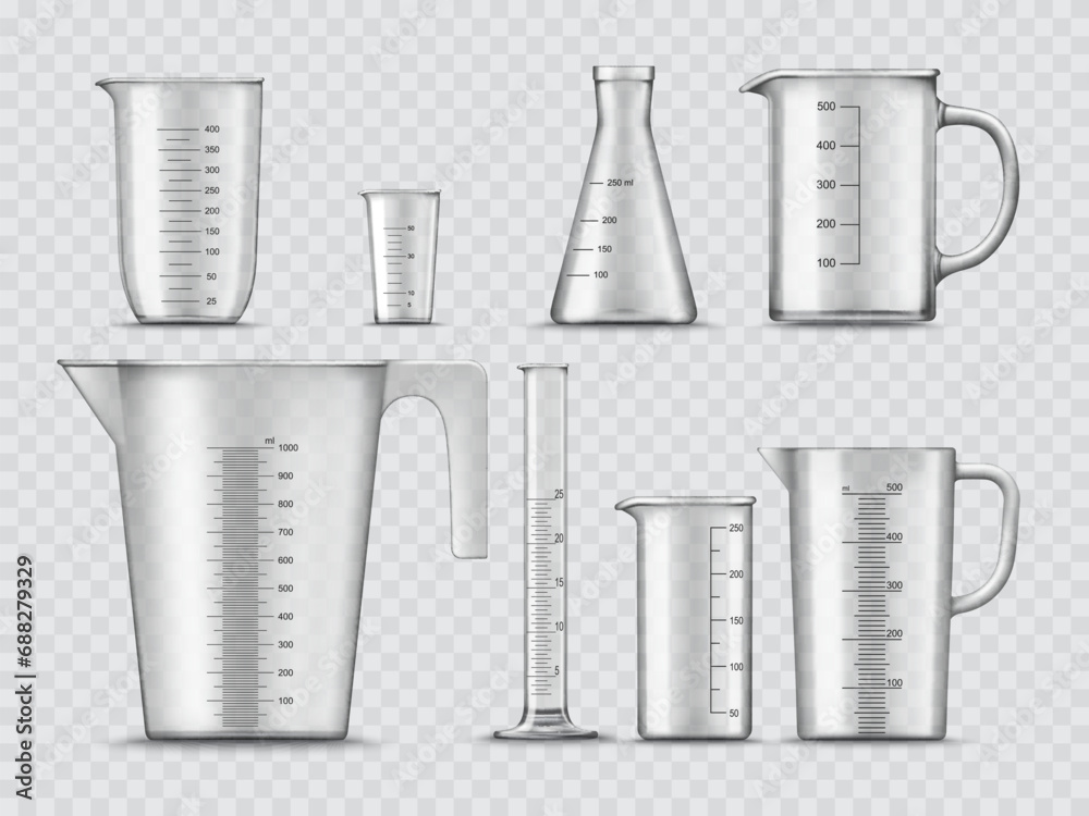 Measure glass cups and containers, laboratory beakers and chemistry flasks, realistic vector. Lab equipment and test glassware, isolated chemical tubes and measuring cylinders and vial cups - obrazy, fototapety, plakaty 