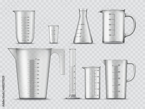 Measure glass cups and containers, laboratory beakers and chemistry flasks, realistic vector. Lab equipment and test glassware, isolated chemical tubes and measuring cylinders and vial cups