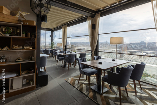 Interior of an empty hotel restaurant