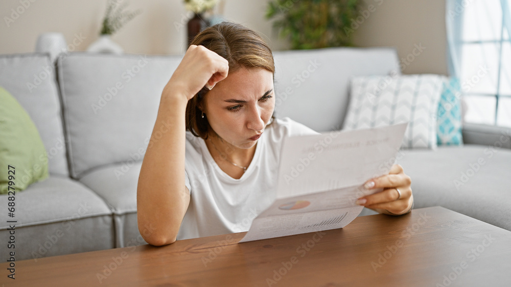 Young woman reading document sitting on floor looking upset at home Young woman reading document sitting on floor looking upset at home