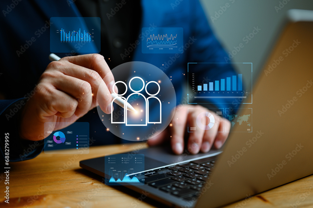 Customer Relationship Management, Businessman use laptop with global structure customer network technology, Data analyst development. customer service, social media. digital marketing online. Customer Relationship Management, Businessman use laptop with global structure customer network technology, Data analyst development. customer service, social media. digital marketing online.