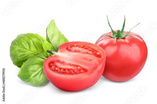 Fresh tomatoes and basil leaves isolated on white