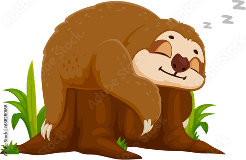 Cartoon funny sloth character peacefully sleep on a tree stump. Vector cute tropical animal lounges or dozing with relaxed expression captures tranquility, its eyes closed and a content smile on face