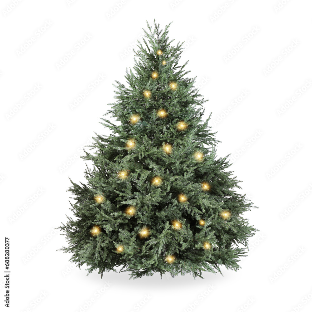 Christmas tree decorated and festive lights isolated on white Christmas tree decorated and festive lights isolated on white