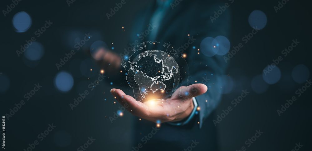 businessman holding Global network connection. Big data analytics and business intelligence concept. World map point and line composition concept of global business.Digital link tech. - obrazy, fototapety, plakaty 