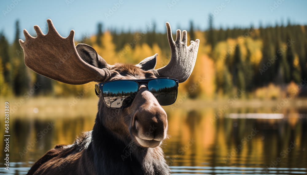 Cool moose wearing sunglasses with antlers near the lake - obrazy, fototapety, plakaty 