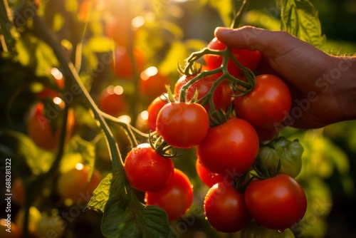 Close-up of a hand picking a ripe, fresh tomato from the vine in a sunlit garden, highlighting the vibrant red color and natural setting