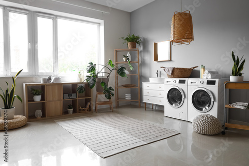 Interior of laundry room with washing machines and houseplants