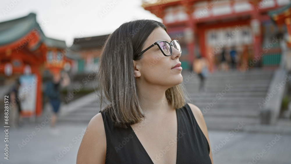 Confidently posing at fushimi inari taisha, a beautiful hispanic woman wearing glasses, smiles broadly, looking around, captivated by the stunning kyoto temple surroundings.