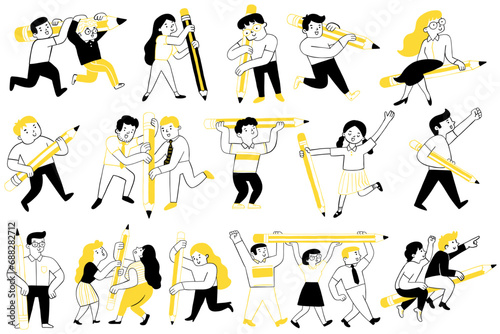 Cute character illustration doodle of various people holding big pencil. Outline, thin line art, hand drawn sketch design, simple style.