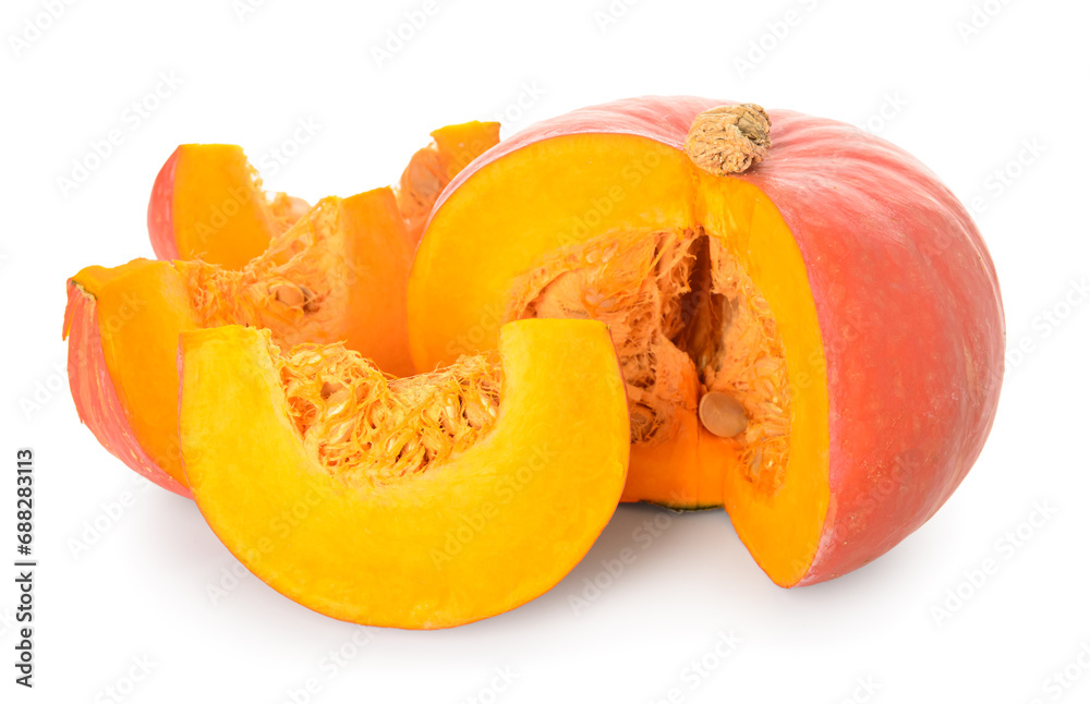Cut fresh pumpkin on white background