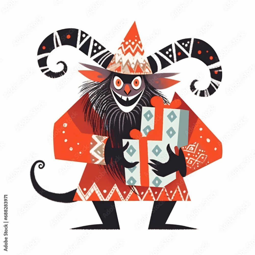 Krampus with present isolated on white background. Traditional Christmas devil. Character of European folklore. Saint Nicholas Day. Character for postcard, card, poster, banner