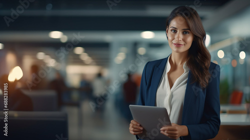 Beautiful female manager sitting with laptop create her project. Blurred office background with male and female employees.