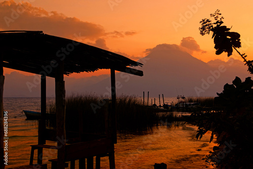 Sunset on Lake Atitlan with San Pedro Volcano in the background. Santa Cruz La Laguna, Guatemala
