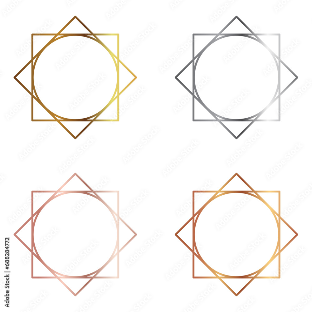 Set of gold, silver, copper, bronze, square and empty game frame in medieval, vintage style. Vector illustration on white background. Set of gold, silver, copper, bronze, square and empty game frame in medieval, vintage style. Vector illustration on white background.