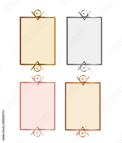 Set of gold, silver, copper, bronze, vertical arcade game frame in medieval, vintage style. Vector illustration on white background.
