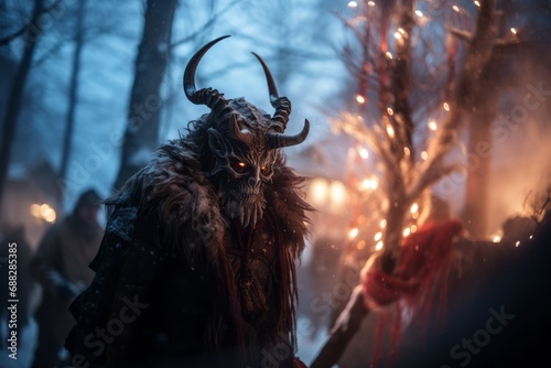 Artistic close-up of Krampus's face, focusing on his glowing eyes and gnarled horns, a blurred backdrop of winter night adds to the eerie legend