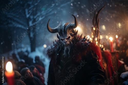 Artistic close-up of Krampus's face, focusing on his glowing eyes and gnarled horns, a blurred backdrop of winter night adds to the eerie legend