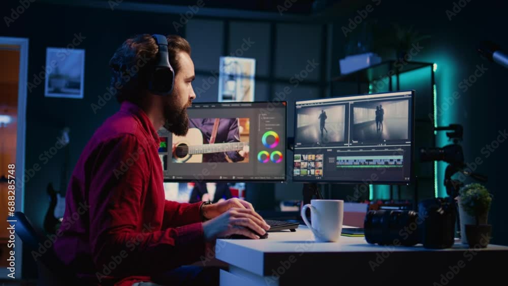 Video editor adds sound effects to filmed footage, working in post production office studio, panning shot. Videographer using headphones to test and improve audio quality using editing tools