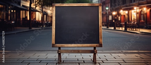 Empty sandwich board for a menu and a chalk drawing on street