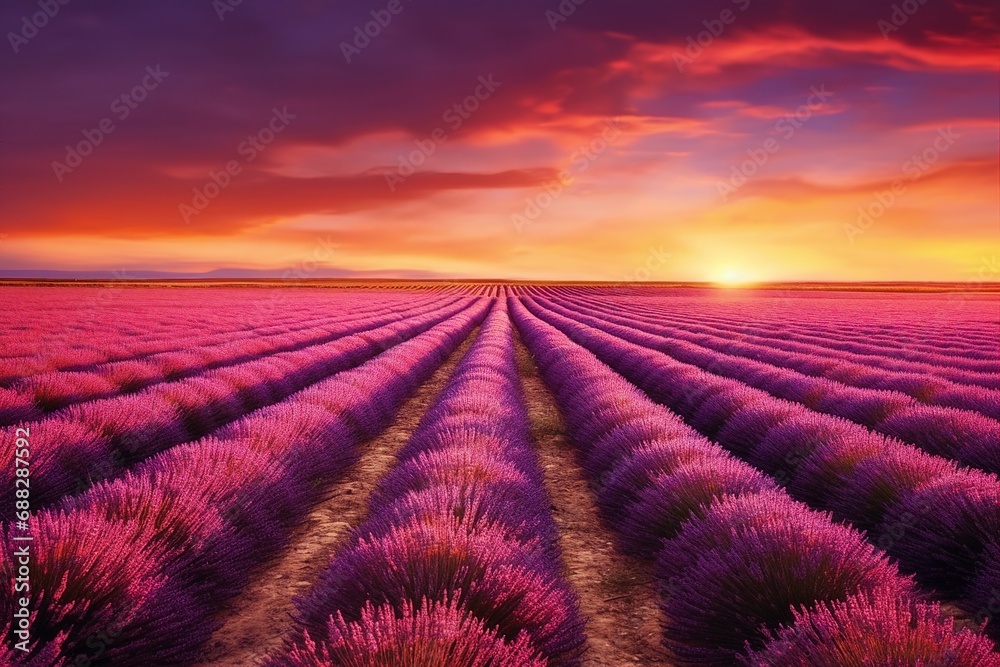 Lavender flowers blooming fields at sunset. generative ai. Lavender flowers blooming fields at sunset. generative ai.