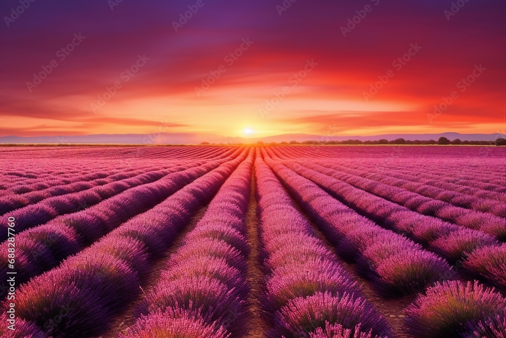 Lavender flowers blooming fields at sunset. generative ai. Lavender flowers blooming fields at sunset. generative ai.