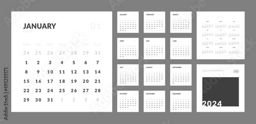 Set of monthly calendar planner page templates for 2024, annual 2025, cover with Place for Photo, Logo. Vector layout of wall or desk minimalist calendar in Square shape with week start on Monday photo