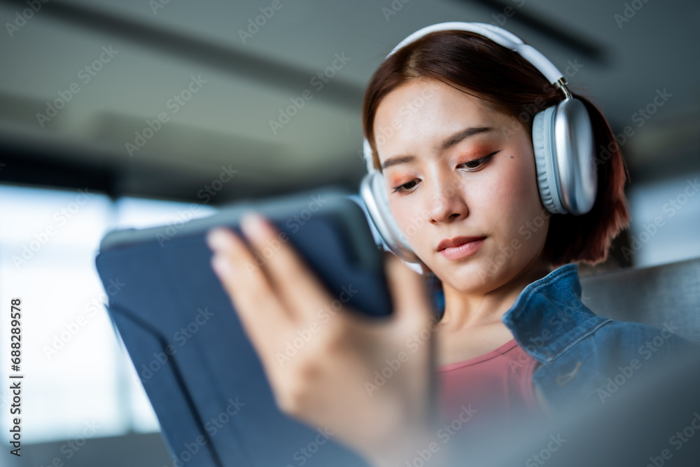 A young woman spends her vacation relaxing by listening to music and surfing the internet. A young woman spends her vacation relaxing by listening to music and surfing the internet.