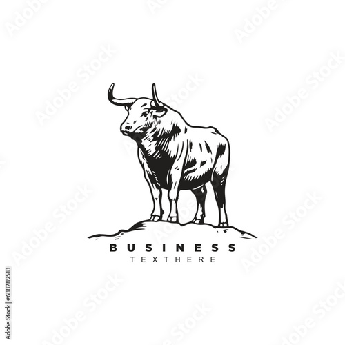 Vintage hand drawn buffalo logo design, standing bull isolated on white background