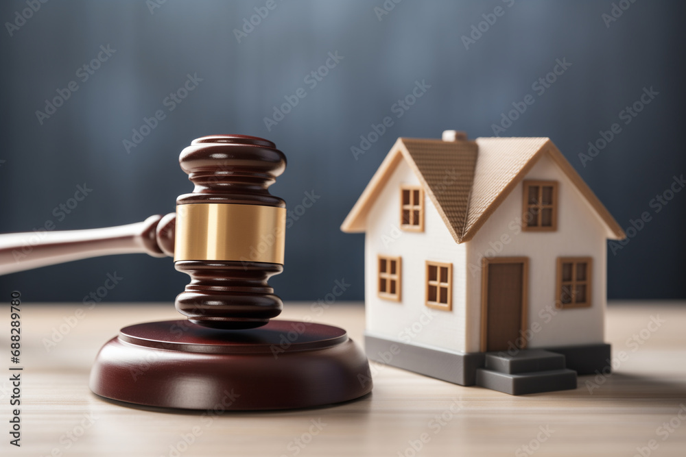 Judge auction and real estate concept. Law hammer and house model