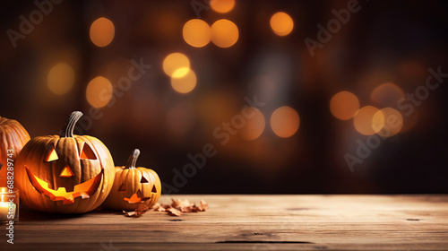 Two intricately carved pumpkins sit on a table, their flickering lights casting a spell of halloween magic, while their vegetable origins evoke images of autumn harvests and squash-filled feasts, rem