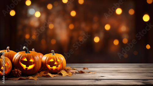 A lively gathering of glowing cucurbita on a rustic outdoor stage, inviting us to celebrate the wild spirit of halloween with their gourd-geous jack-o-lantern faces photo